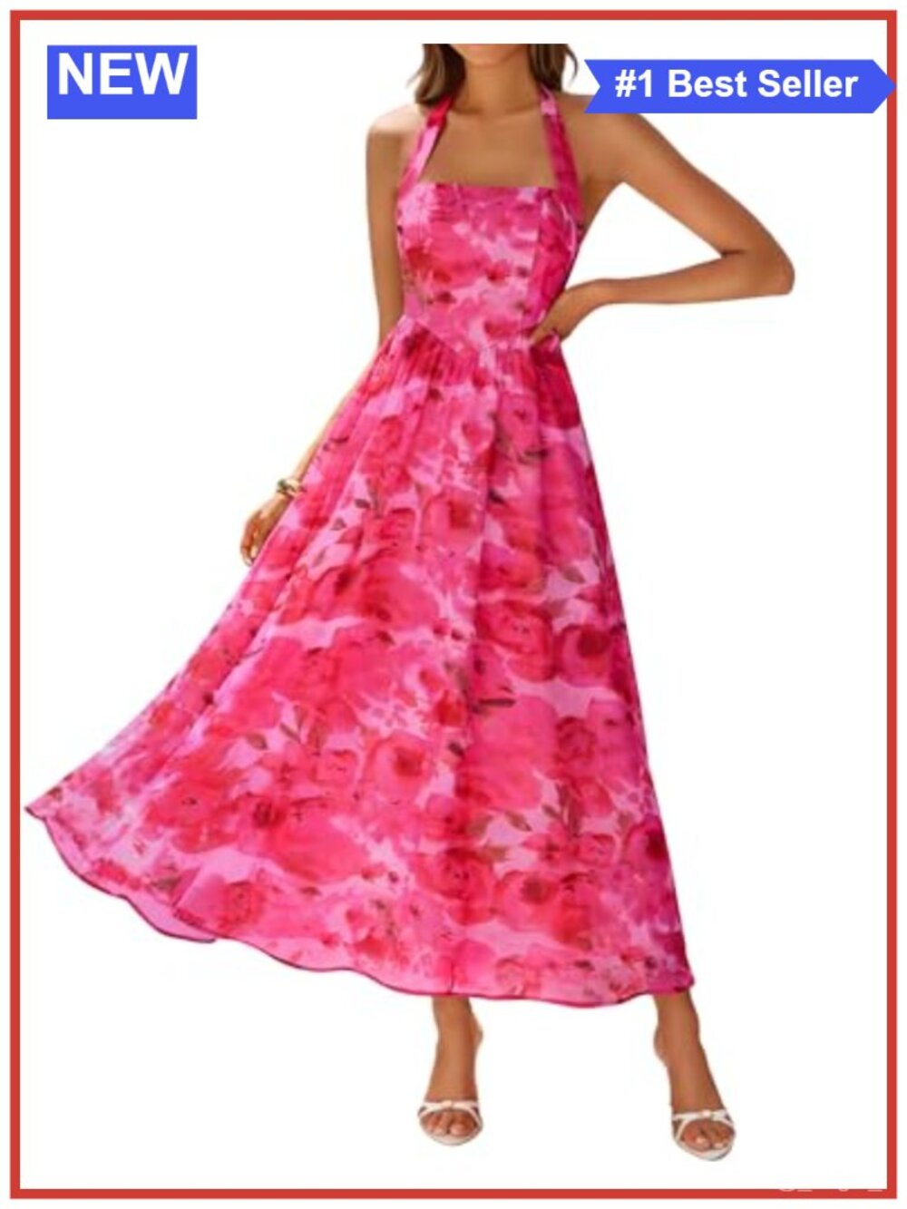 Womens Floral Halter A-line Midi Dress Sleeveless Casual